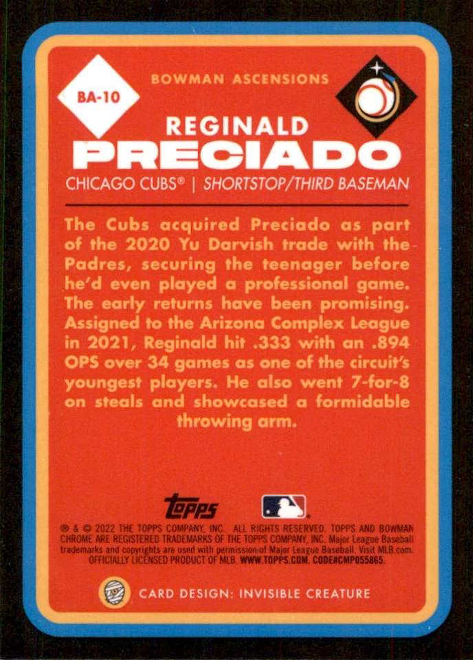 2022 Bowman Chrome Bowman Ascensions #BA10 Reginald Preciado - Image 2 of 2