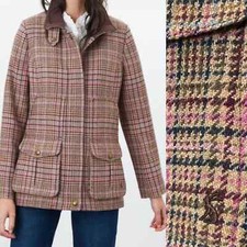 Joules Field Coat Size 8 Tweed Jacket Suede Collar Pink Multi Check Plaid Nwot