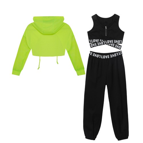 Girls 3 Piece Outfits Crop Tank Top Sweatpants Long Sleeve Hoodie Dance Workout - Picture 19 of 48