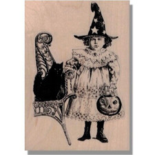 Girl In Witch Costume, RUBBER STAMP, Halloween,Cat,Pumpkin,Witch,Child,Star,Hat