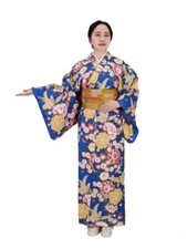 Kimono with collar Flower Ranman Blue Japanese Traditional Wear
