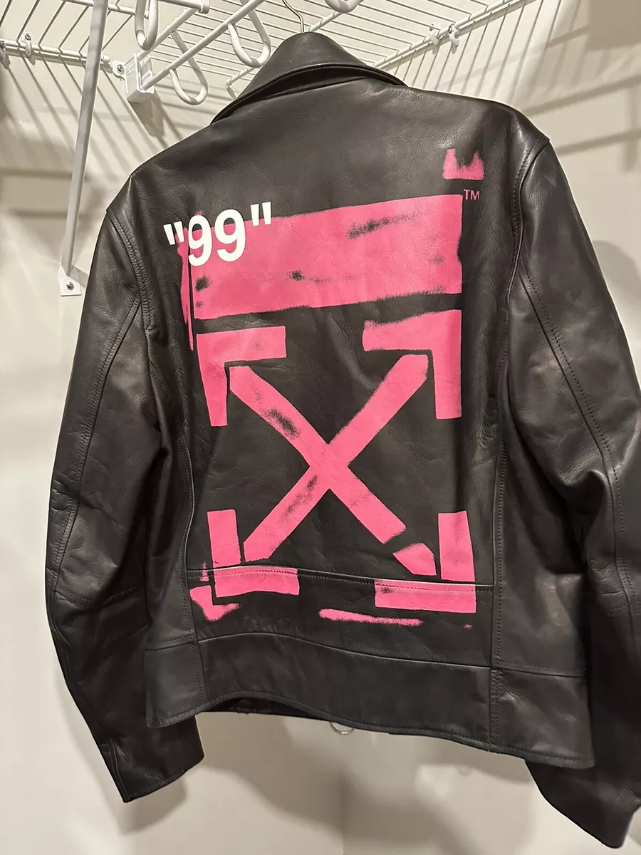 Authentic OFF WHITE Virgil Leather Biker Pink Logo Jacket Medium