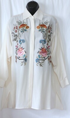 ETRO Ivory Silk Embroidered Blse Side Slits 46 In Chst 32 In Lng Sz 38 IT EXC