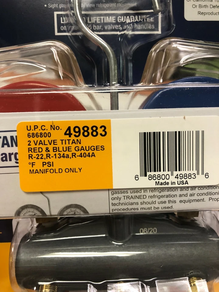Chaqueta amarilla, colector de 2 válvulas, TITAN, R404a, R22 y R134a, medidores rojos y azules Foto 4 de 4