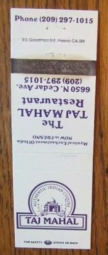 INDIAN RESTAURANT MATCHBOOK MATCHCOVER: TAJ MAHAL (FRESNO, CALIFORBNIA) -E8