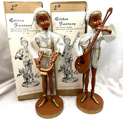 2 Vtg Tilso Golden Fantasy 13  Pixie Elves W/ Boxes Gold Leaf Silver Outfits MCM