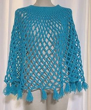 Vintage Handmade Crocheted Poncho Teal Blue Festival Boho Cape Tassels Grandma
