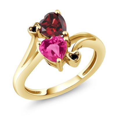 18K Yellow Gold Plated Silver Garnet Pink Created Sapphire and Black Diamond