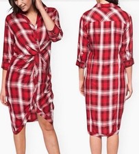NWT Zara Premium Denim Collection Red White Plaid Twist Knot Button Midi Dress S