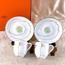 Hermes Paris Demitasse Cup  Saucer Porcelain Nil Nile Platinum Rim 2 Sets w/Box