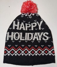 Happy Holidays Knit Winter Hat Pom Beanie Black Red White Fair Isle Snowflake