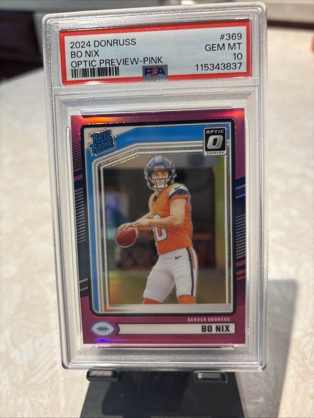 2024 Panini Donruss - Rated Rookie Bo Nix #369 Optic Prev Pink Prizm (RC) PSA 10