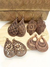 8 Pc Wooden Dangle Earrings Women Flower Pattern Carved Brown Retro Jewelry