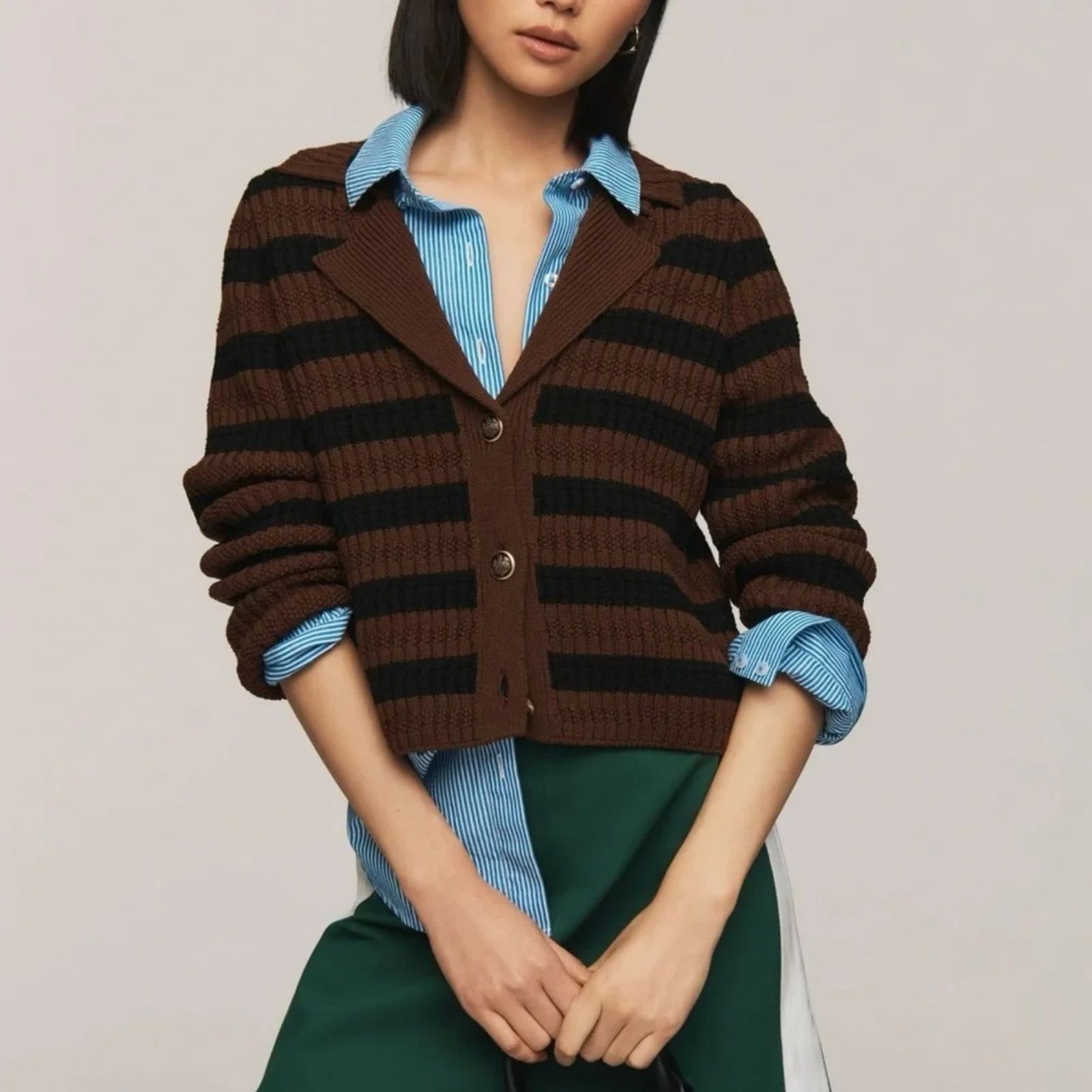 Anthropologie Maeve Greta Polo Cardigan Sweater Brown Black Stripe Small