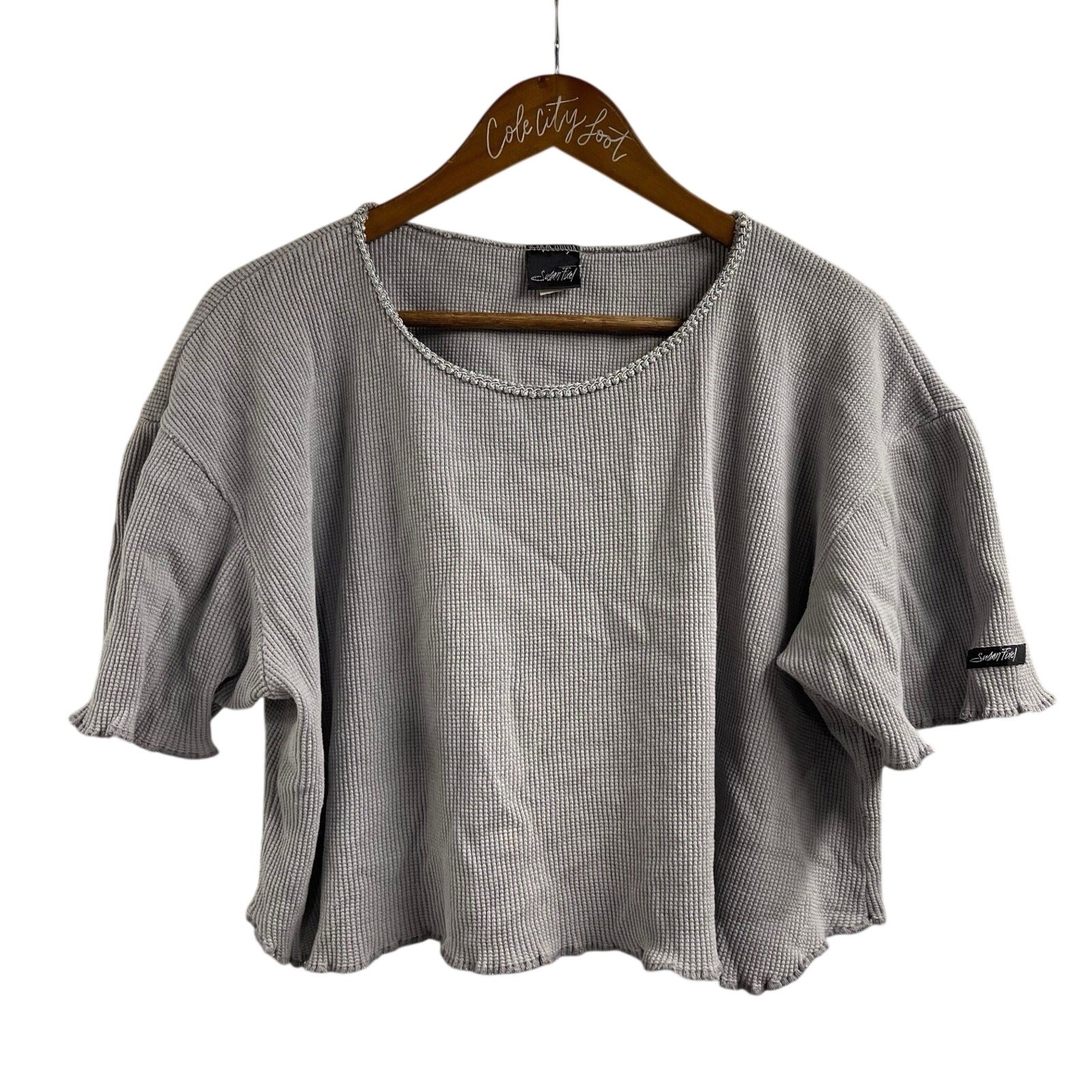 Susan Fixel Top XL Gray Waffle Knit Boxy Crop Vintage Lettuce Hem