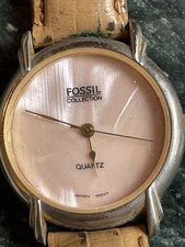 Vtg Fossil Collection Watch Women 30mm Gold Tone MOP Orig Leather Strap 