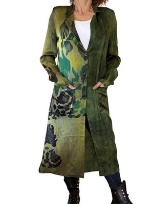Avant Toi Liapull Art To Wear Silk Satin Duster Long Jacket Green Hand Painted S