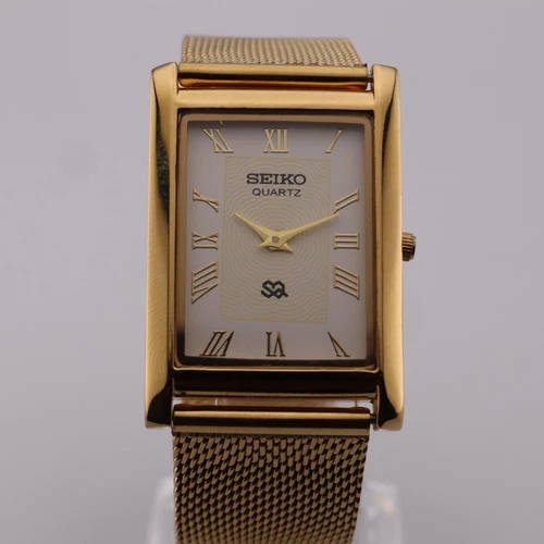 Vintage Seiko Slim Quartz White Dial Men's Wrist Watch with Mesh Band