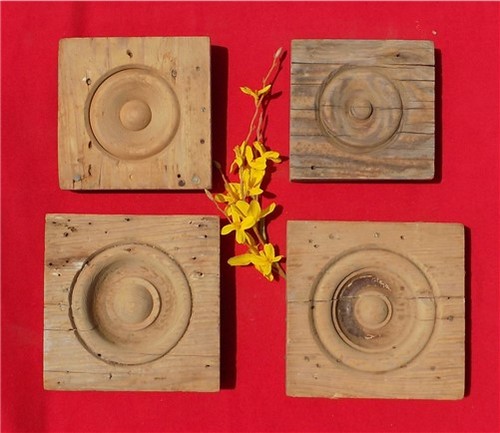 4 Plinth Blocks, Antique Bullseye Rosettes, Architectural Salvage, Wood Trim A16