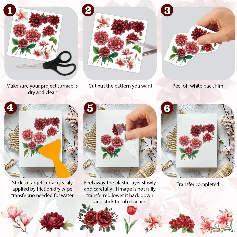 12 hojas rosa roja frotar en transferencia para muebles y manualidades púrpura floral frotar en Foto 4 de 4