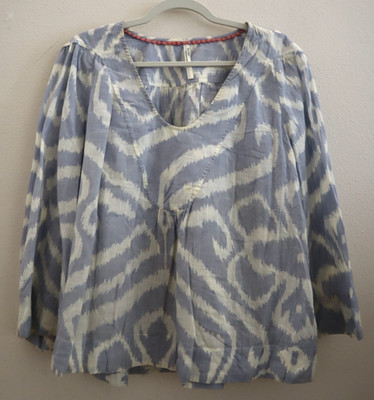 Anthropologie OB1274257 Women's Sz L Blue/White Ikat Print Laverne Cotton Blouse