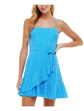 CITY STUDIO Womens Blue Tie Faux-wrap Spaghetti Strap Short Dress 3