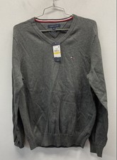 Tommy Hilfiger Men's Gray V-Neck Sweater Cotton Core Flag Logo Size M NWT