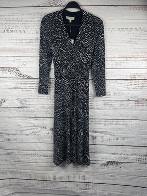 Hobbs Drew Jersey Dress Womens 4 Black White Polka Dot Wrap Midi Long  Sleeve | eBay