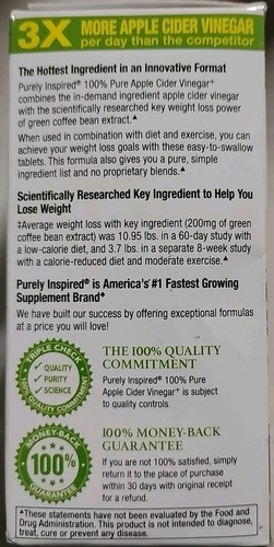 Purely Inspired Apple Cider Vinegar Capsule Weight Loss, Stimulant 100 tab 3/26 - Picture 4 of 4