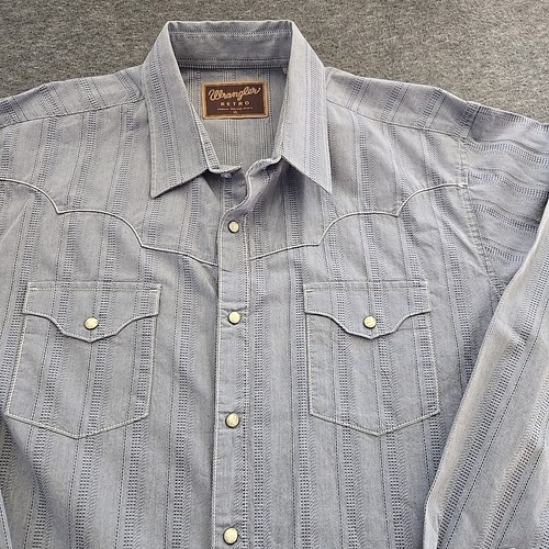 Wrangler Retro Shirt Mens XL Blue Long Sleeve Pearl Snap Western Cowboy Ranch