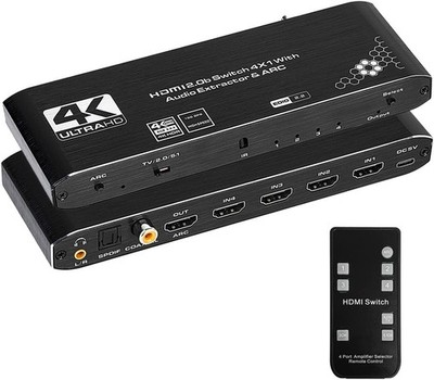 HDMI 2.0 Switch 4x1 4K60Hz ARC Audio Extraktor SPDIF Koaxial 3,5mm Fernbedienung