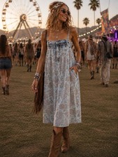 GANNI x Levi’s Floral Print Denim Midi Dress NWT Light Wash Rose Hemp Size Med