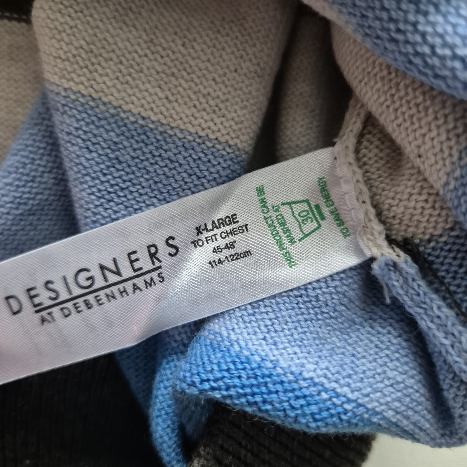RJR John Rocha Men’s Jumper XL Blue Grey Striped V-Neck 100percent Cotton VGC image 10