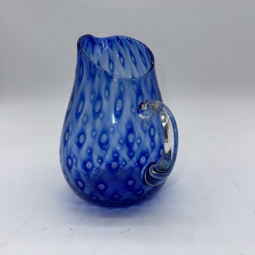 VTG Handblown Glass Cobalt Blue Hobnail Style Pitcher Applied Clear Handle 7” - Picture 7 of 13