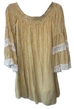 Womens Mustard Yellow White Stripe Off Shoulder Dress M Boho Peasant Hippie