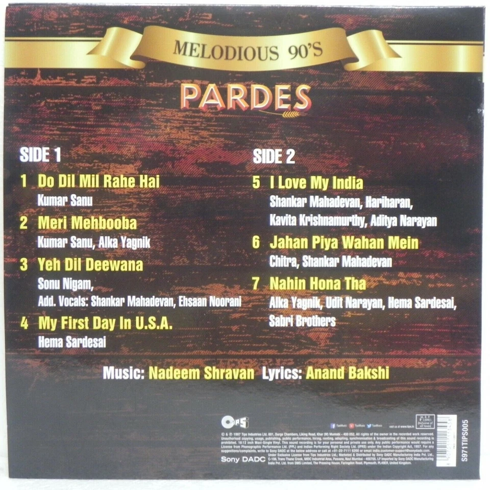 Pardes LP Vinyl Record Nadeem Shravan Indian Mint Bollywood Hindi First Edition - Image 2 of 2