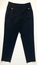 ST. JOHN Black Crepe Pant 8 Black Label Gold Buttons Pockets Zip Unlined Flap