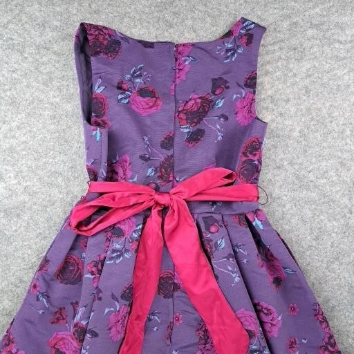 Modcloth Dress Womens Medium Purple Floral Roses Fit Flare Sleeveless Sash Tie - Image 4 of 4