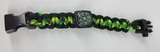 Paracord Survival Bracelet ~ Blk/Neon Grn ~ 7.5" ~ 550 w/Rescue Whistle/Compass