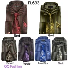New Men's Dress Shirt with Tie + Handkerchief, French Cuff Links Striped  FL633