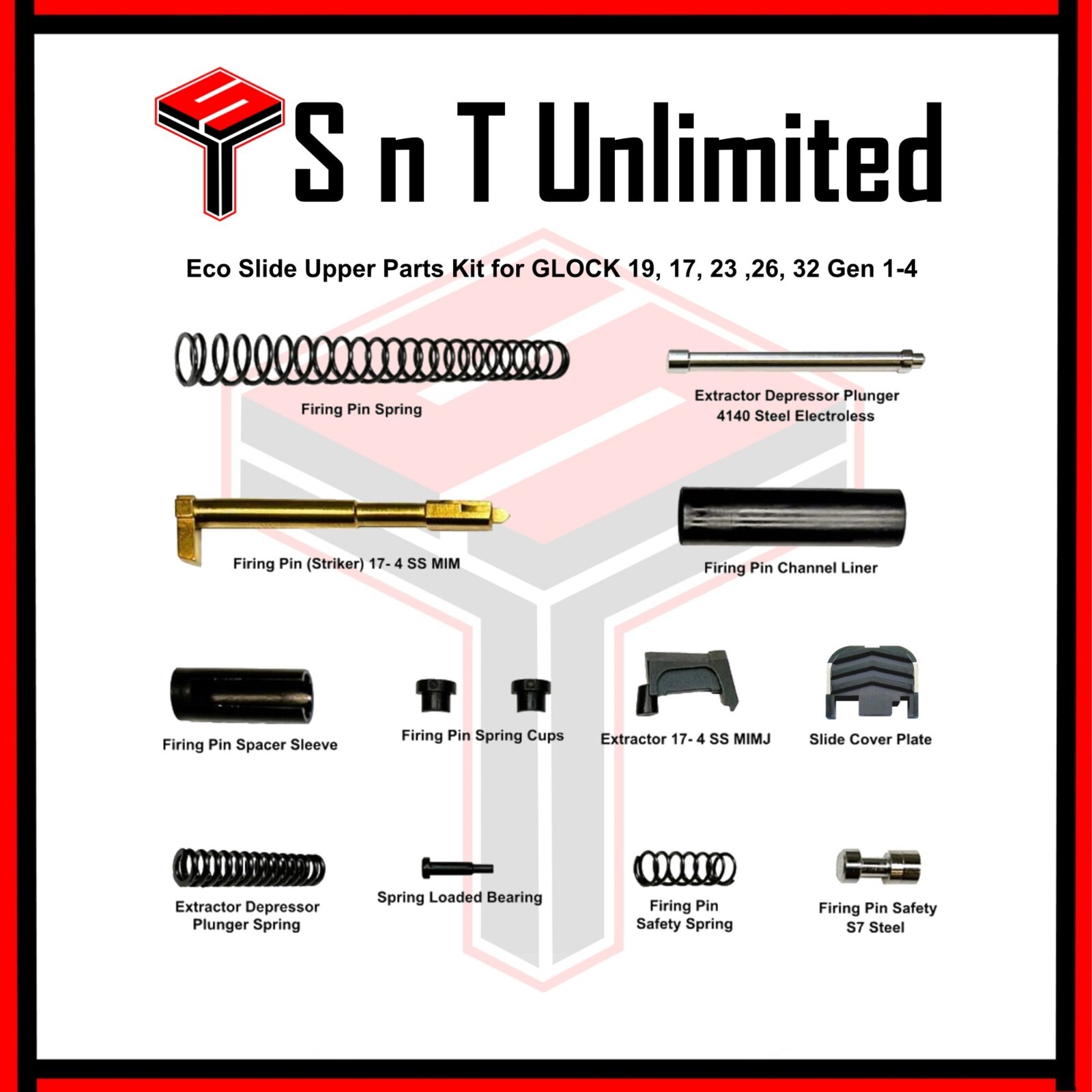 Complete Upper Slide Parts Kit For Glock 19, 17, 26, 27, 45 Gen 1-3 - SPK Completion Kit Black