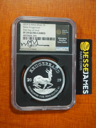2019 SOUTH AFRICA PROOF SILVER KRUGERRAND NGC PF70 FIRST DAY ISSUE TUMI SIGNED