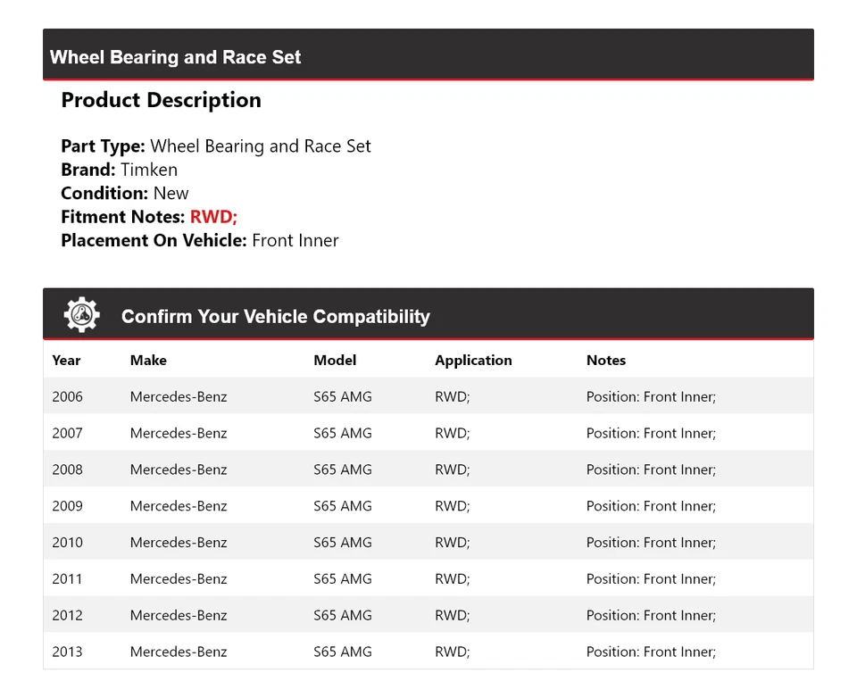 Juego de cojinetes de rueda y carreras delantero interior Timken para Mercedes-Benz S65 AMG 2006-13 Foto 2 de 4