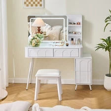 Vanity Makeup Table Set Dressing Desk w/ LED Lights & Mirror & 4 Drawers