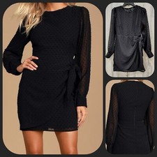 LULUS Much Love Black Swiss Dot Long Sleeve Tie Front Mini Dress Size SMALL*NWOT