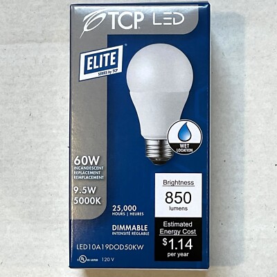 TCP LED10A19DOD50KW 10W A19 Dimmable 5000K LED Light Bulb replaces 60 Watt