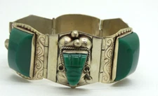 Vintage Taxco Mexico Sterling Silver & Green Stone Tribal Mask Panel Bracelet