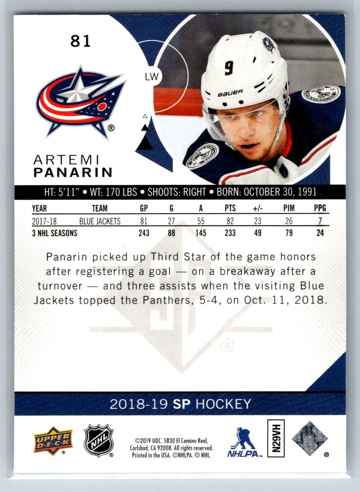 2018-19 Upper Deck SP Artemi Panarin Columbus Blue Jackets #81 - Image 2 of 2