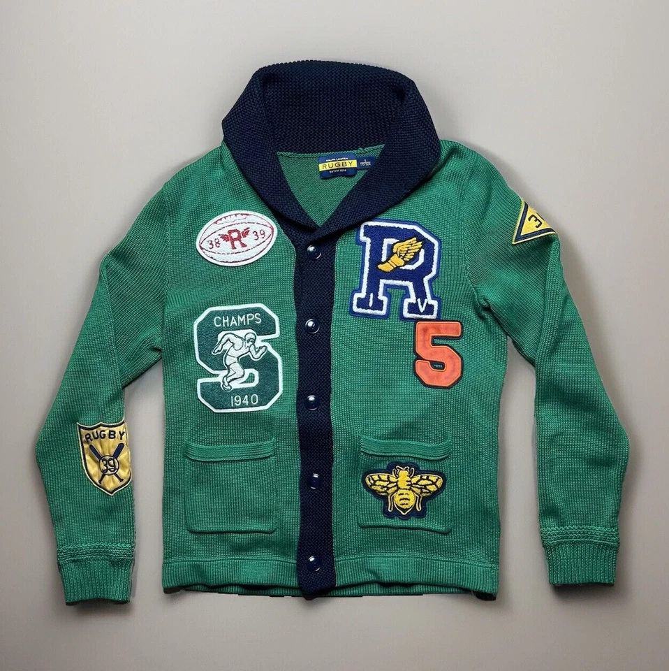 Ralph Lauren Rugby Ala P Indian Varsity Letterman Parche Cárdigan Suéter Pequeño Foto 2 de 4