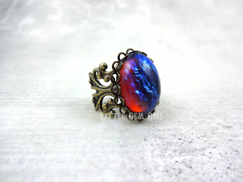 Anillo de bronce de piedra de fuego rojo azul aliento dragones ópalo mexicano de vidrio checo 18x13 mm Foto 3 de 4